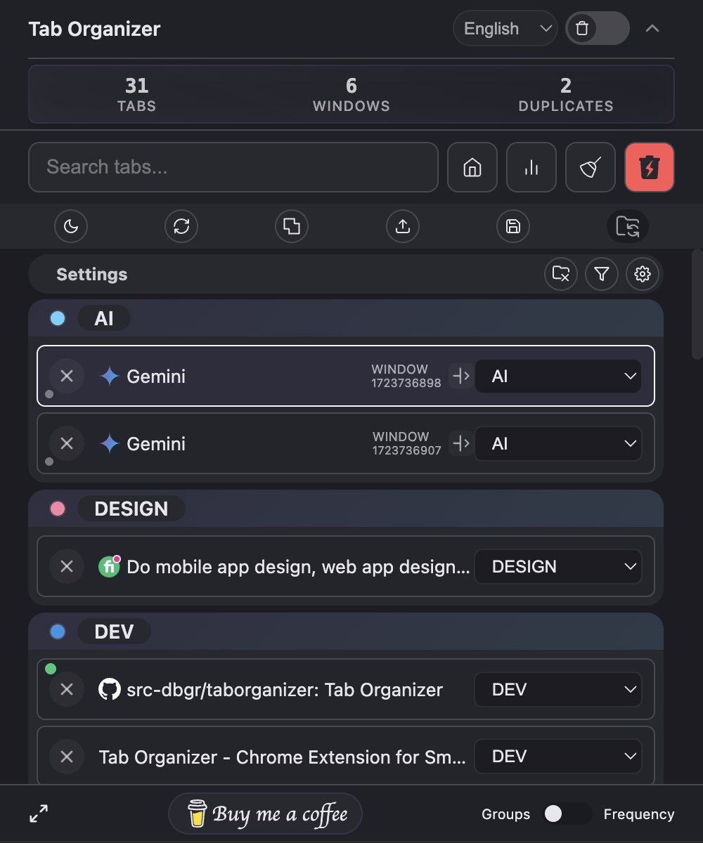 Tab Organizer extension main interface