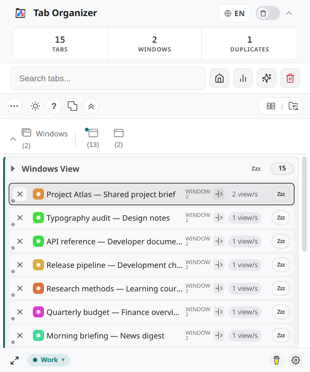 Windows View listing synthetic tabs grouped by window with local view counts and last access.