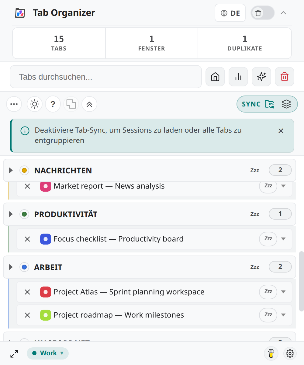 Tab-Organizer-Host Popup im hellen Theme mit synthetischen gruppierten Tabs (DE).
