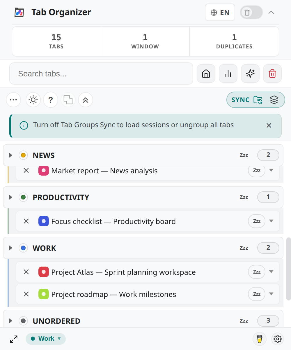 Tab Organizer Popup host in the light theme showing synthetic grouped tabs (EN).