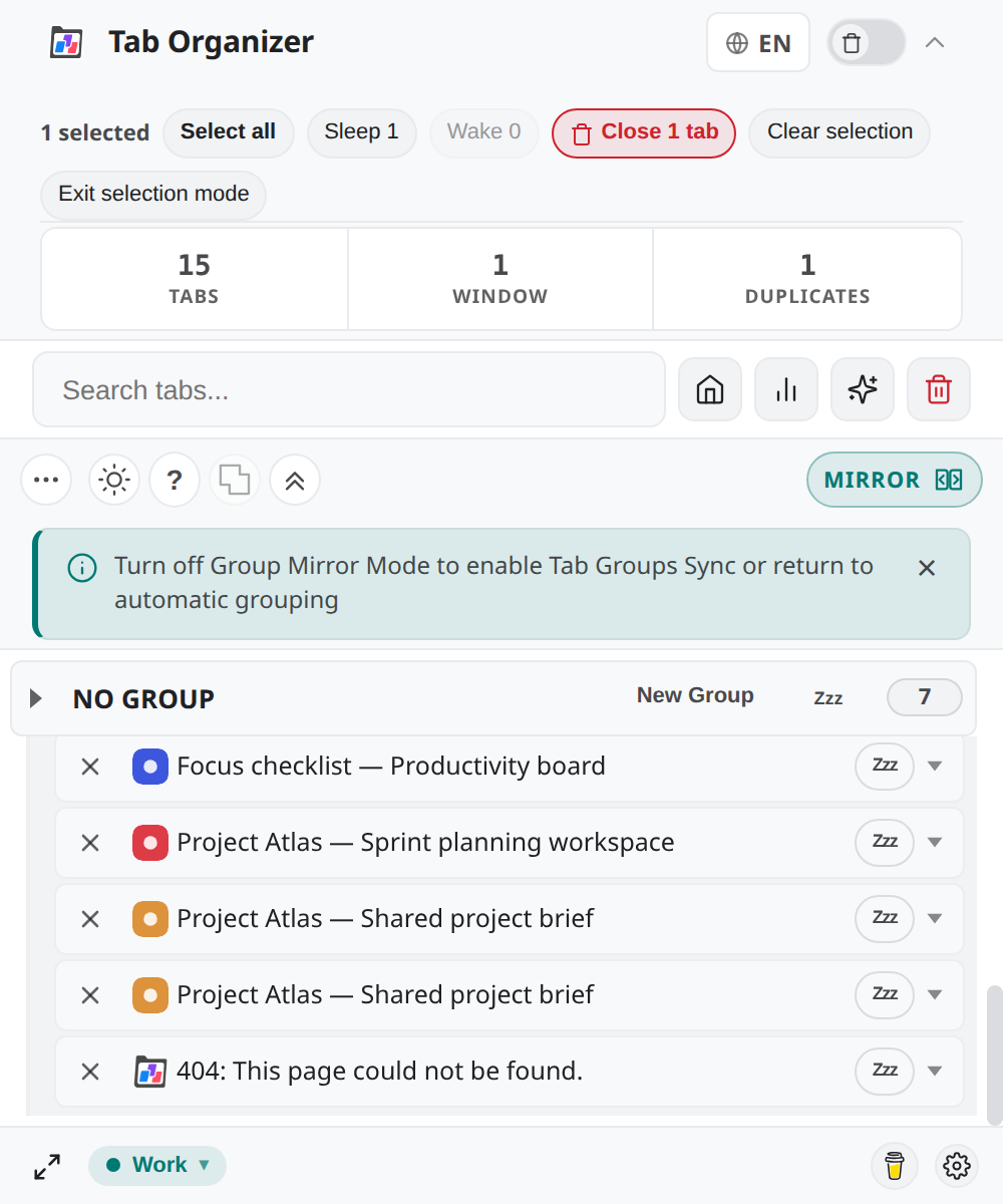 Light Mirror Mode projection of synthetic RESEARCH and DESIGN native groups with one selected tab.
