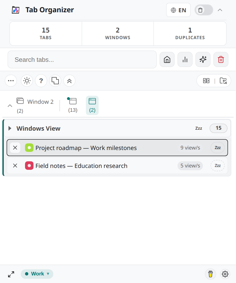 Tab Organizer showing a synthetic tab set distributed across two browser windows.
