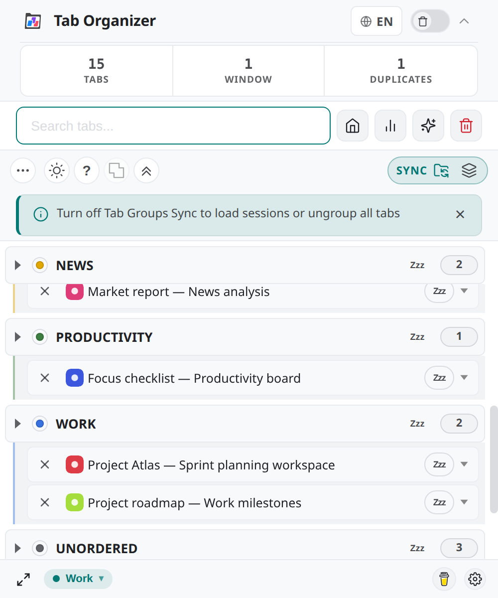 Tab Organizer with native Chrome Tab Groups synchronization active for synthetic tabs.
