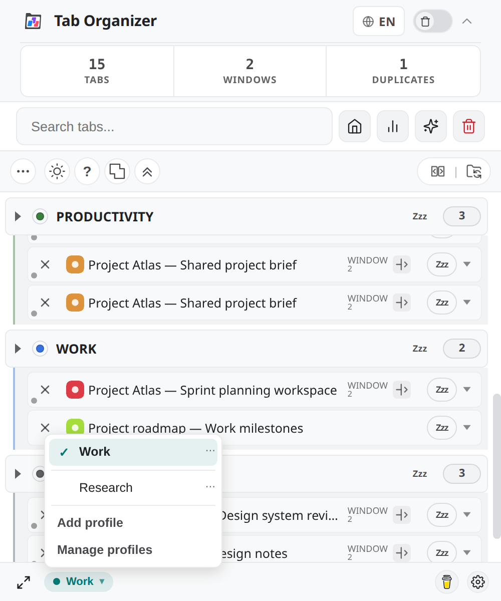 Light profile dropdown listing Work and Research with add and manage actions.