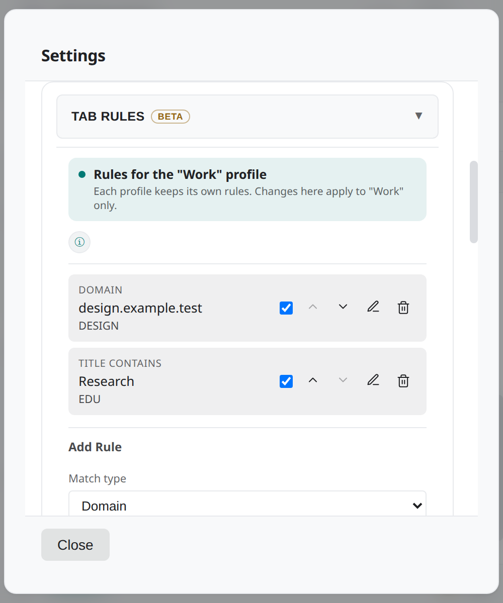 Light Tab Rules settings showing two ordered enabled rules scoped to the Work profile.