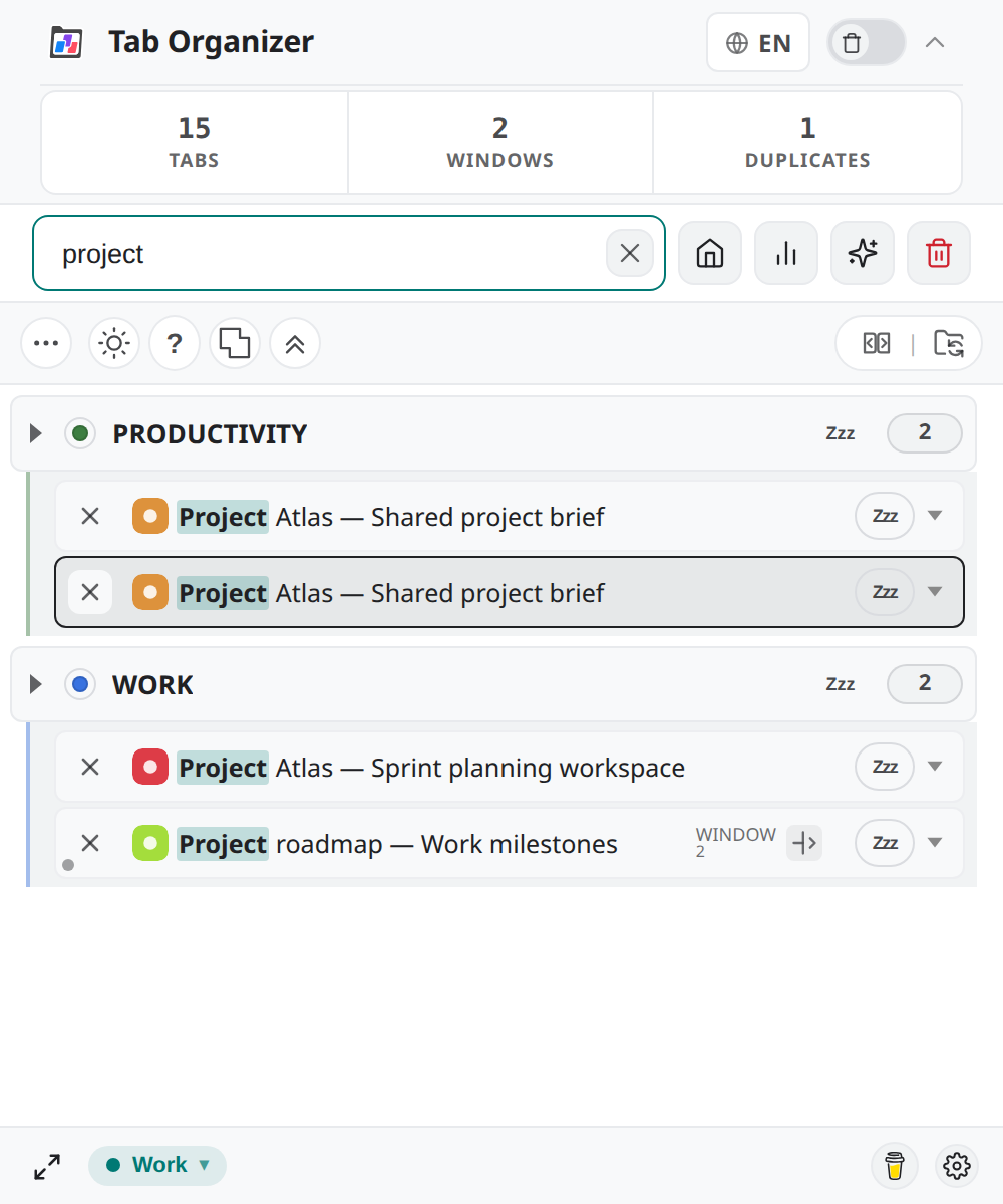 Tab Organizer filtering synthetic project tabs from the search field.