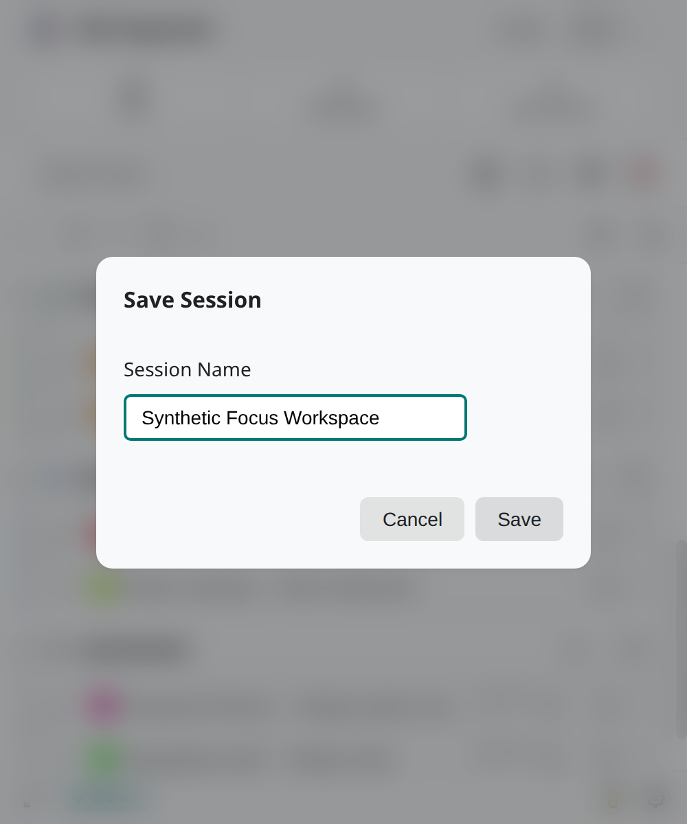 Save-session dialog over a fully synthetic two-window workspace.