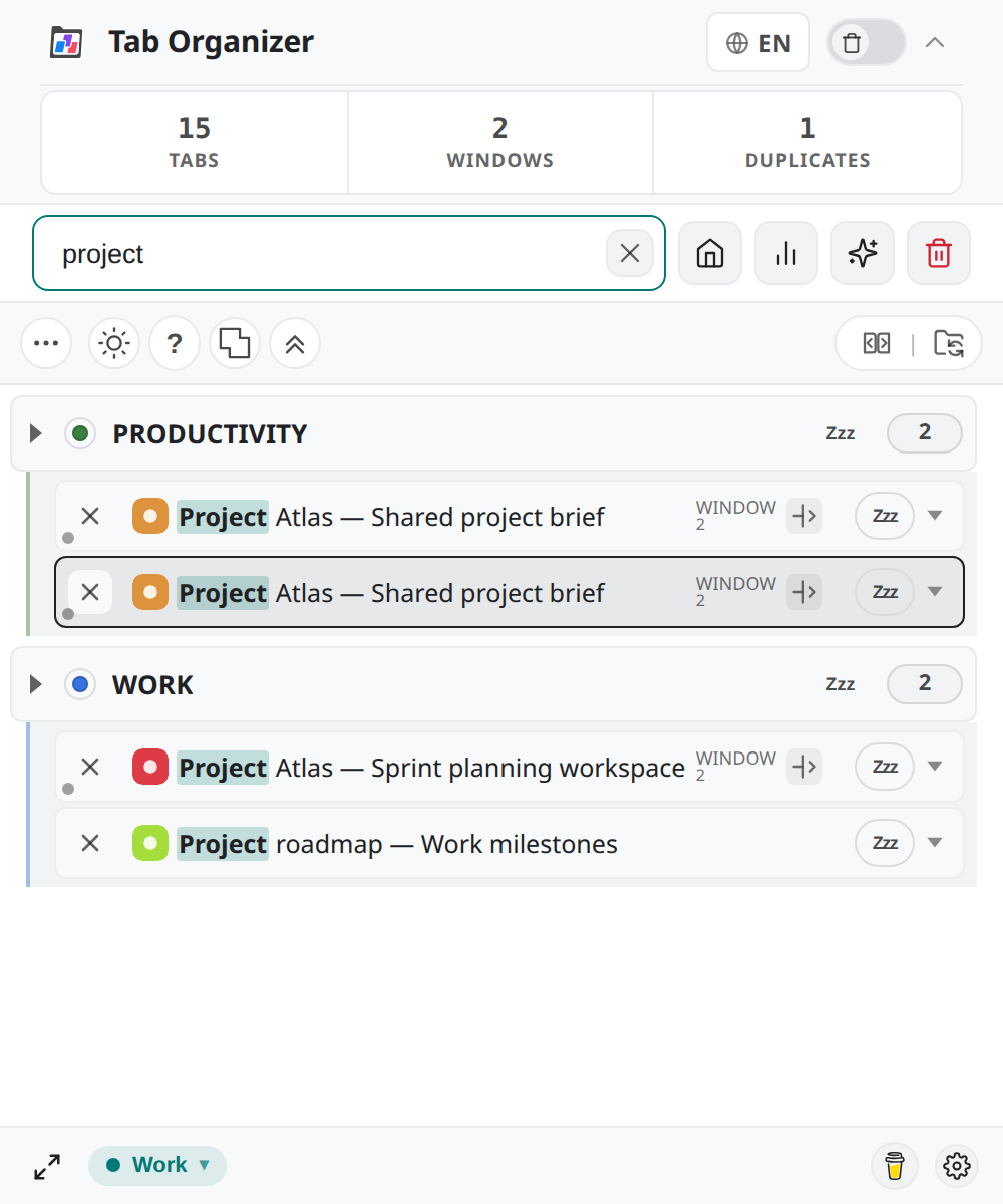 Search field filtering synthetic project tabs with a highlighted result in the grouped list.