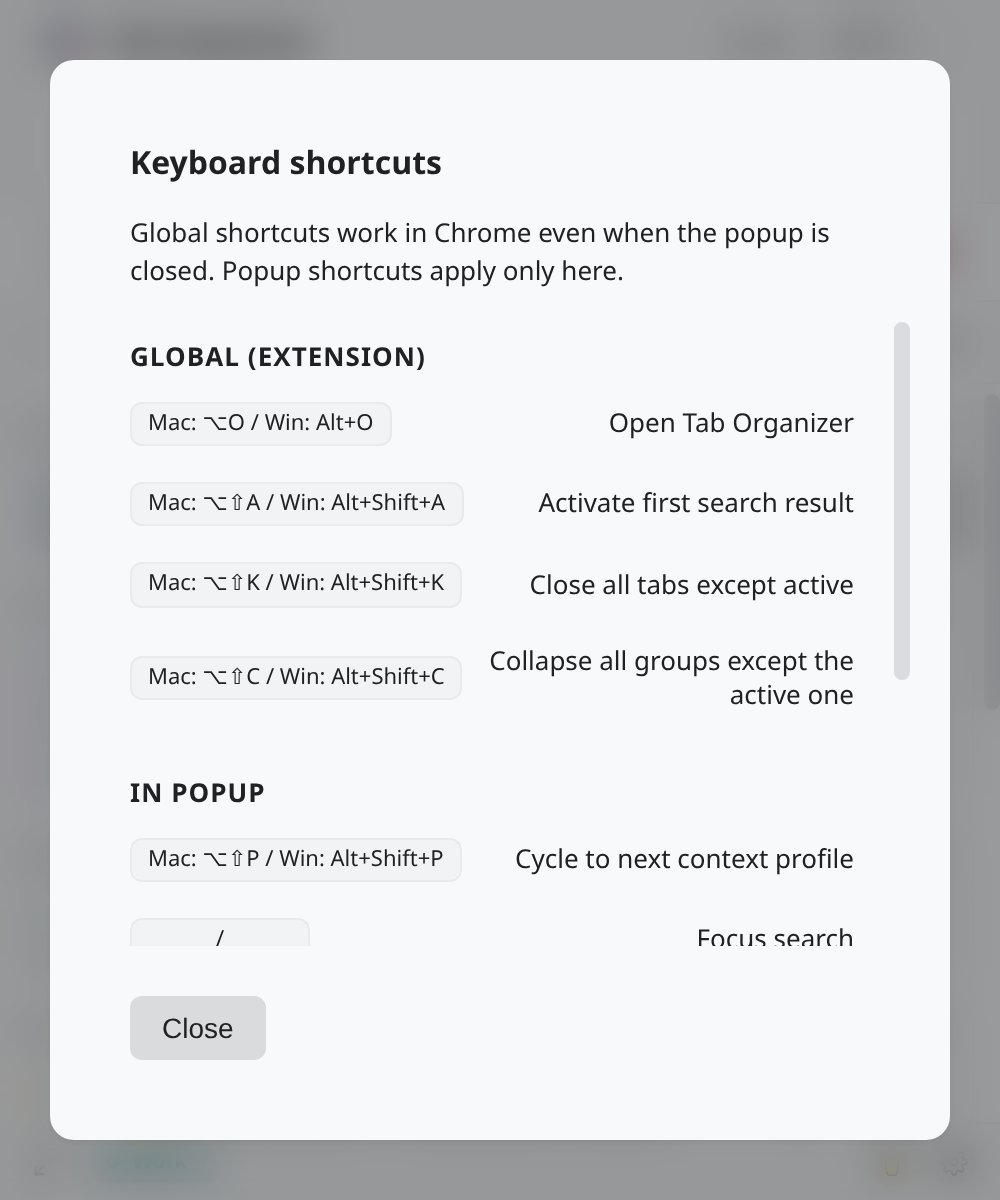 Keyboard shortcuts overlay listing Open Tab Organizer as Alt+O / Option+O next to other commands.