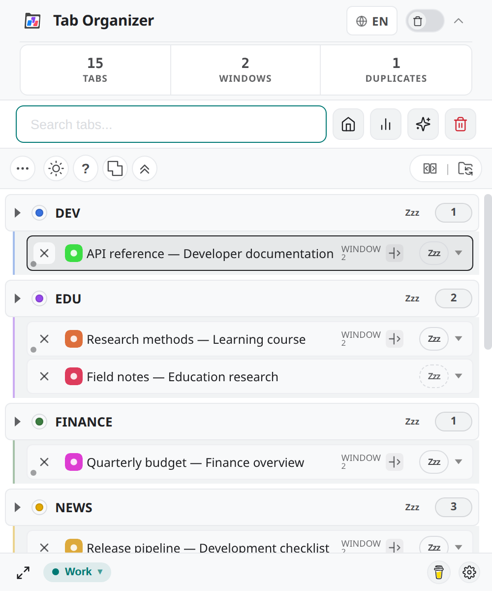 Tab Organizer popup after opening, showing grouped synthetic tabs, search, and stats.