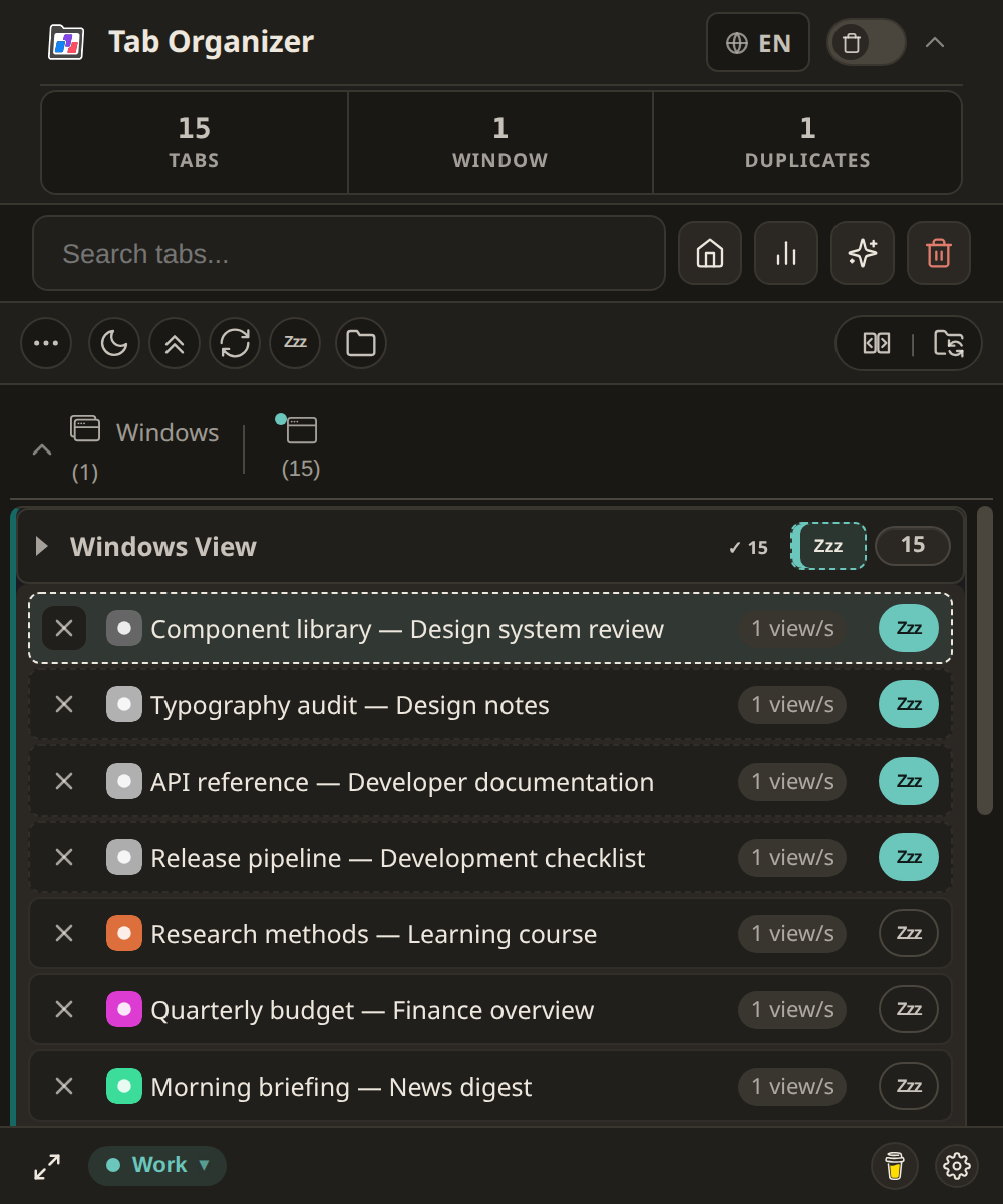 Dark-theme Windows View with sleeping tabs marked by filled accent Zzz controls.