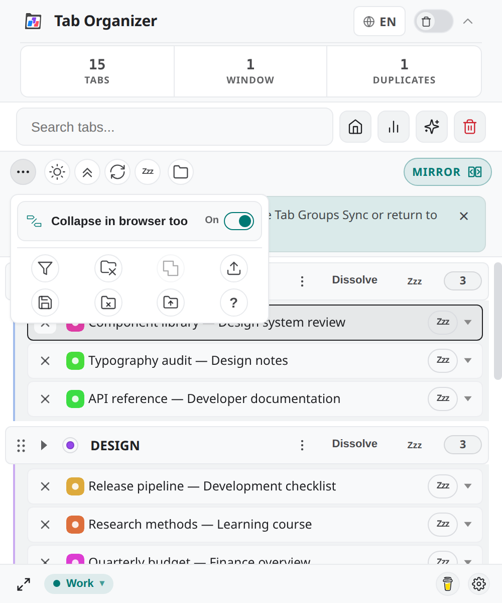 More tools panel while Group Mirror Mode is on, showing the Collapse in browser too switch above the overflow action buttons.