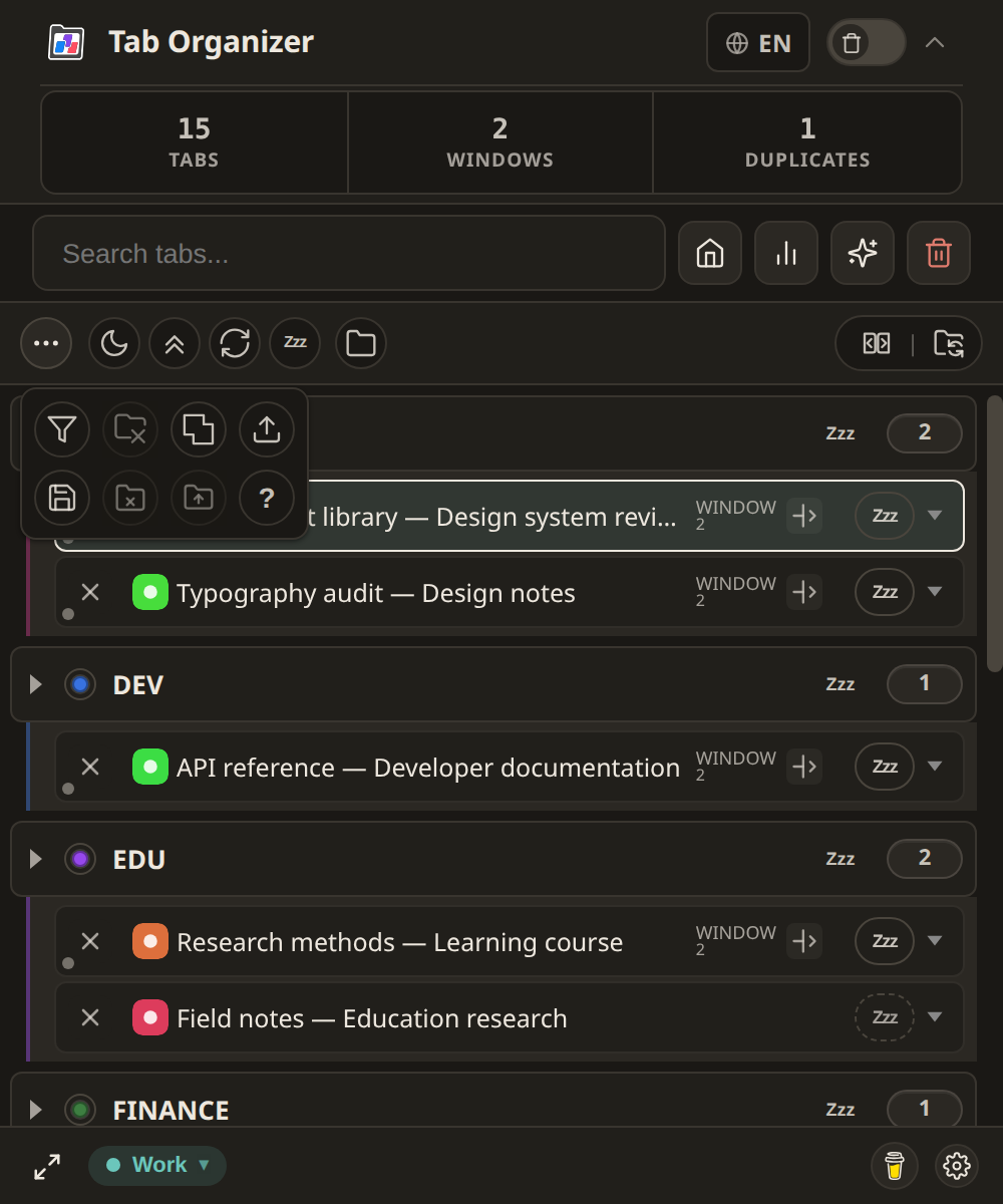 Dark-theme More tools panel with the six-slot quick-access row and overflow action buttons.