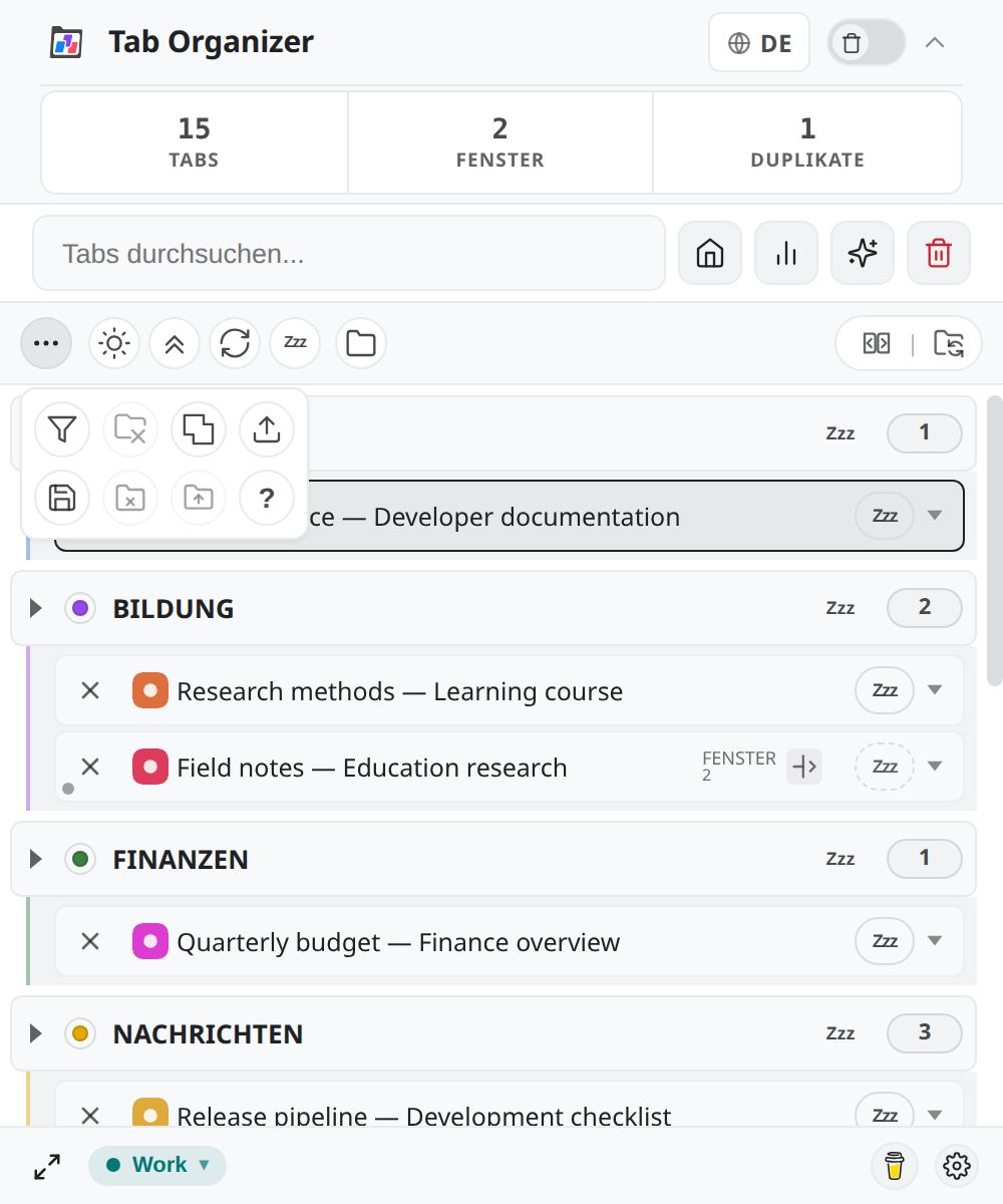 Deutsche Oberfläche mit geöffneter Palette Weitere Werkzeuge über einer Werkzeugleiste mit sechs Plätzen.