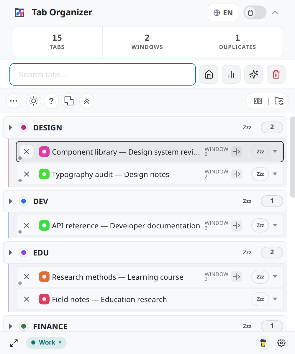 Tab Organizer showing synthetic tabs arranged into color-coded groups.