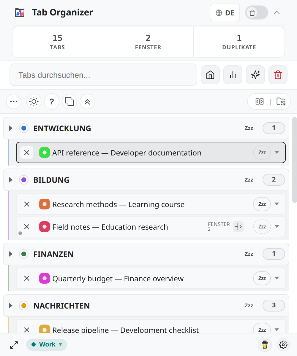 Die deutsche Tab-Organizer-Oberfläche zeigt synthetische Tabs in farbcodierten Gruppen.
