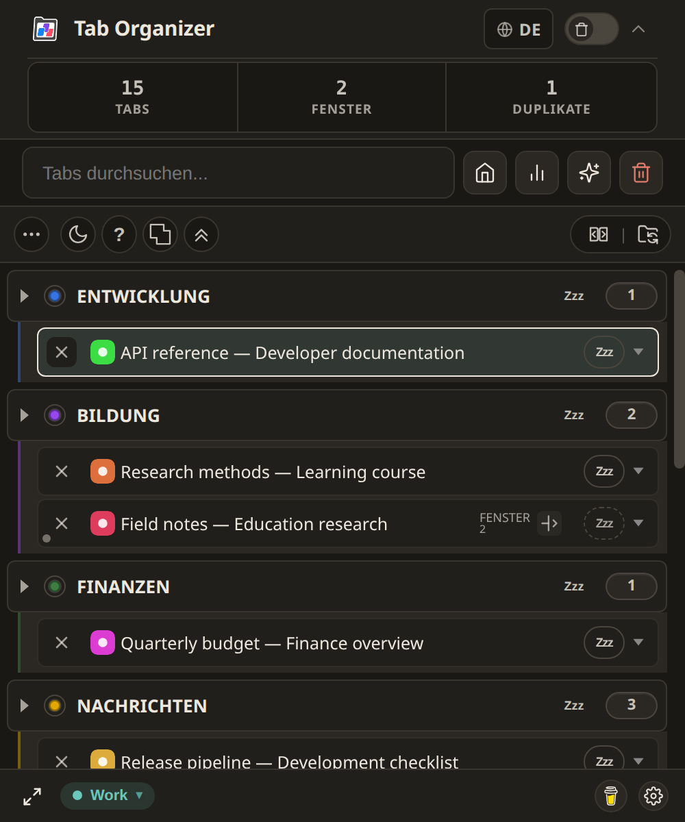Die deutsche Tab-Organizer-Oberfläche im dunklen Theme zeigt synthetische Tabs in farbcodierten Gruppen.