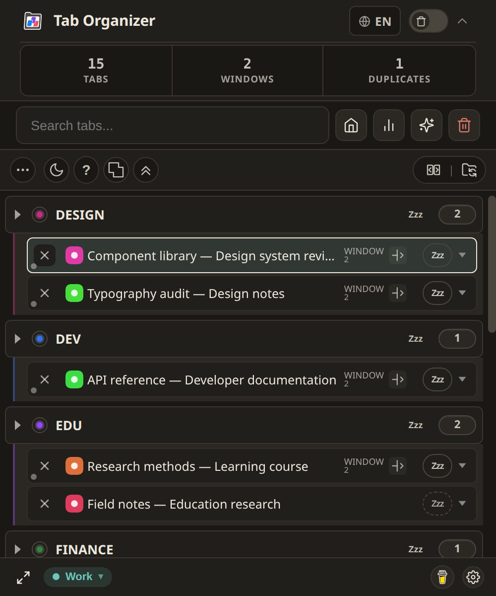 Tab Organizer dark popup with grouped synthetic tabs, quick stats, search, and the current footer profile control.